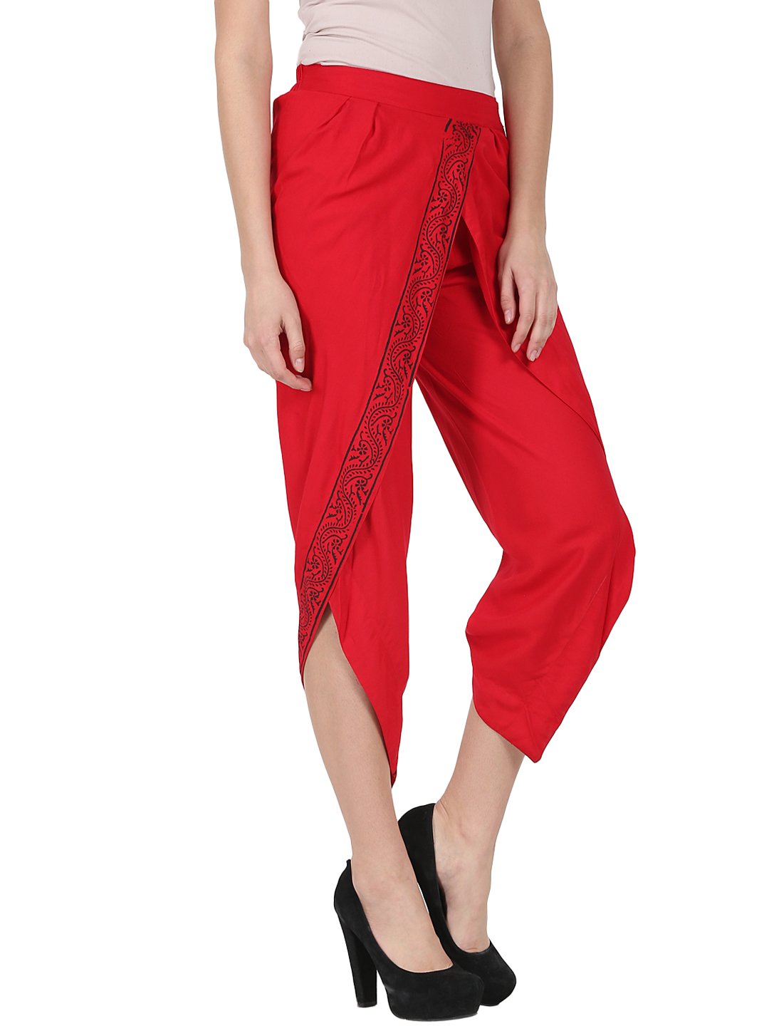 Red Ankle Length Rayon Block Printed Dhoti | LASVINI - Redefining Indian Fashion with Elegance