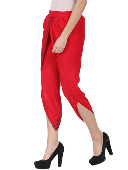 Red Ankle Length Rayon Block Printed Dhoti | LASVINI - Redefining Indian Fashion with Elegance