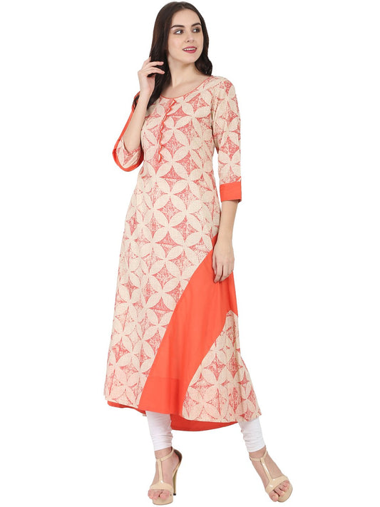 White & Peach Printed 3/4Th Sleeve A-Line Kurta | LASVINI - Redefining Indian Fashion with Elegance
