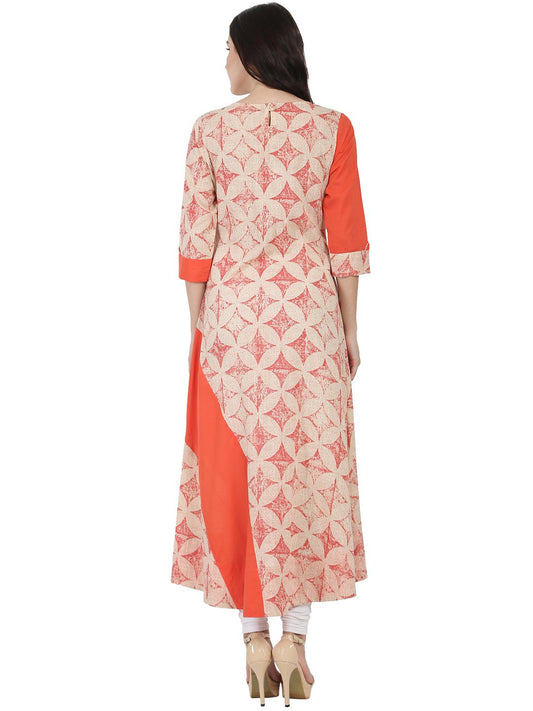 White & Peach Printed 3/4Th Sleeve A-Line Kurta | LASVINI - Redefining Indian Fashion with Elegance