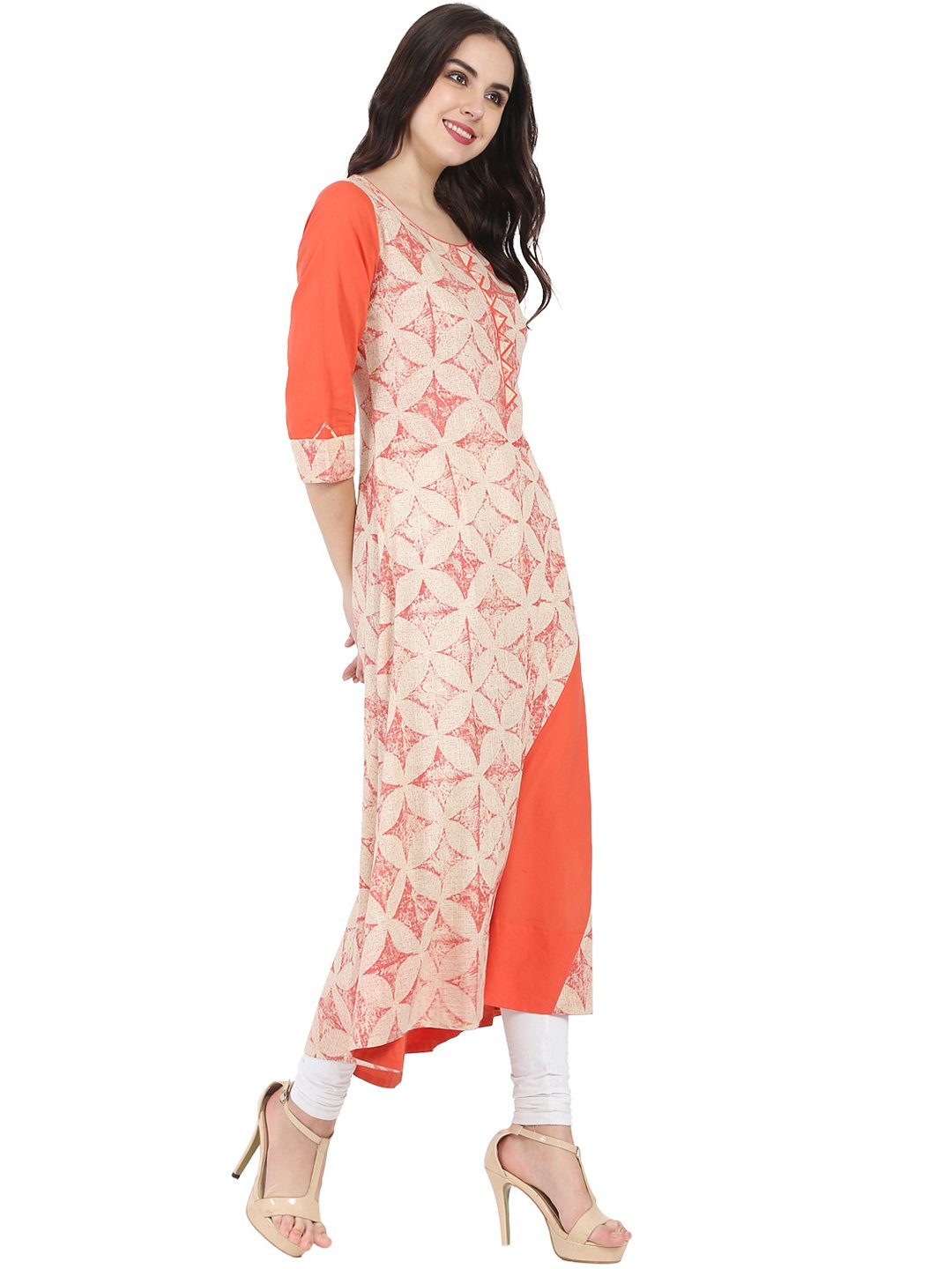 White & Peach Printed 3/4Th Sleeve A-Line Kurta | LASVINI - Redefining Indian Fashion with Elegance