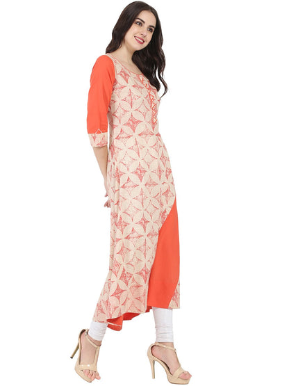 White & Peach Printed 3/4Th Sleeve A-Line Kurta | LASVINI - Redefining Indian Fashion with Elegance
