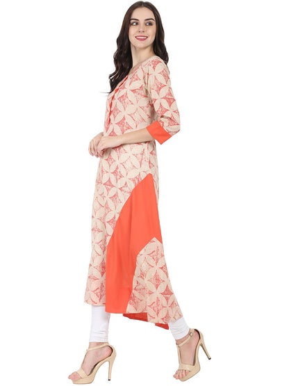 White & Peach Printed 3/4Th Sleeve A-Line Kurta | LASVINI - Redefining Indian Fashion with Elegance