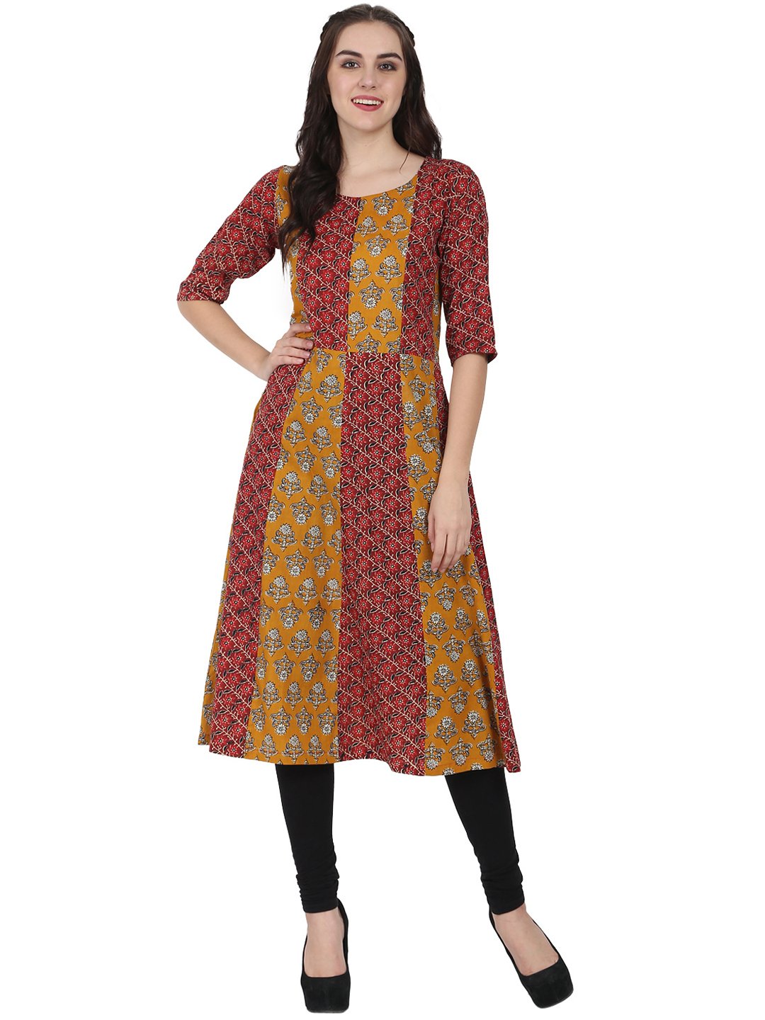 Yellow & Maroon Printed 3/4Th Sleeve Cotton A-Line Kurta | LASVINI - Redefining Indian Fashion with Elegance