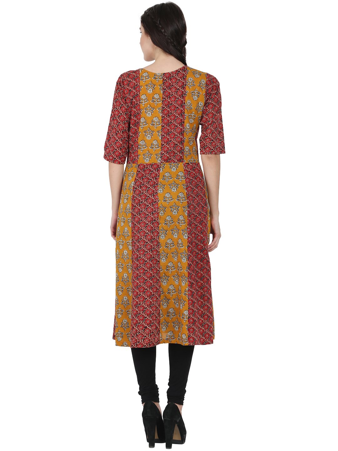 Yellow & Maroon Printed 3/4Th Sleeve Cotton A-Line Kurta | LASVINI - Redefining Indian Fashion with Elegance