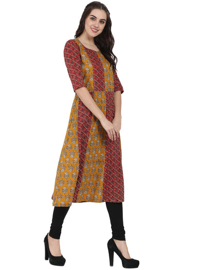 Yellow & Maroon Printed 3/4Th Sleeve Cotton A-Line Kurta | LASVINI - Redefining Indian Fashion with Elegance