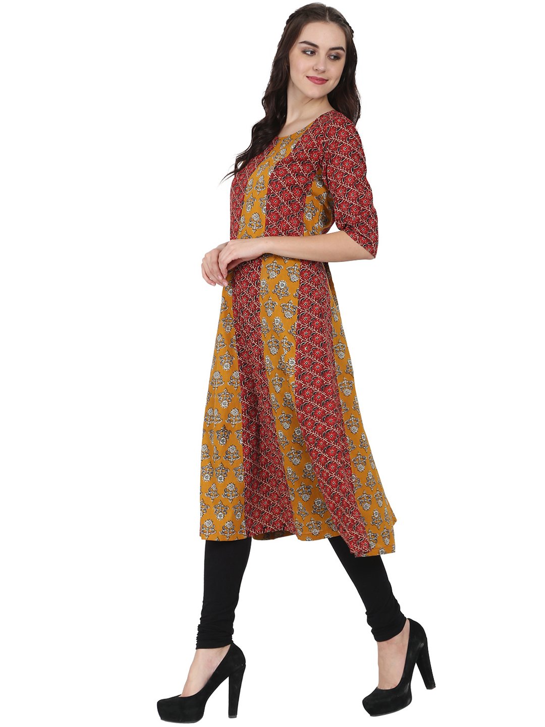 Yellow & Maroon Printed 3/4Th Sleeve Cotton A-Line Kurta | LASVINI - Redefining Indian Fashion with Elegance