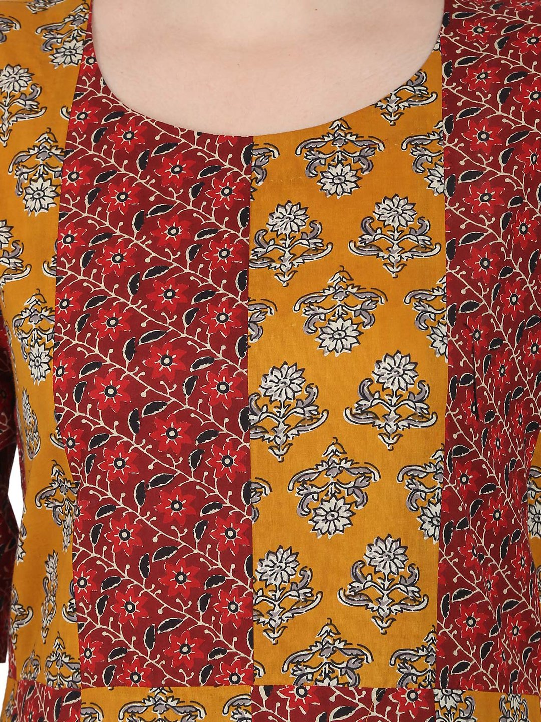 Yellow & Maroon Printed 3/4Th Sleeve Cotton A-Line Kurta | LASVINI - Redefining Indian Fashion with Elegance