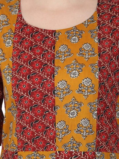 Yellow & Maroon Printed 3/4Th Sleeve Cotton A-Line Kurta | LASVINI - Redefining Indian Fashion with Elegance