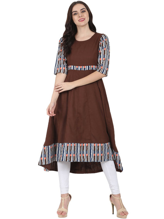 Coffee Brown 3/4Th Sleeve Cotton Slub Anarkali Kurta | LASVINI - Redefining Indian Fashion with Elegance
