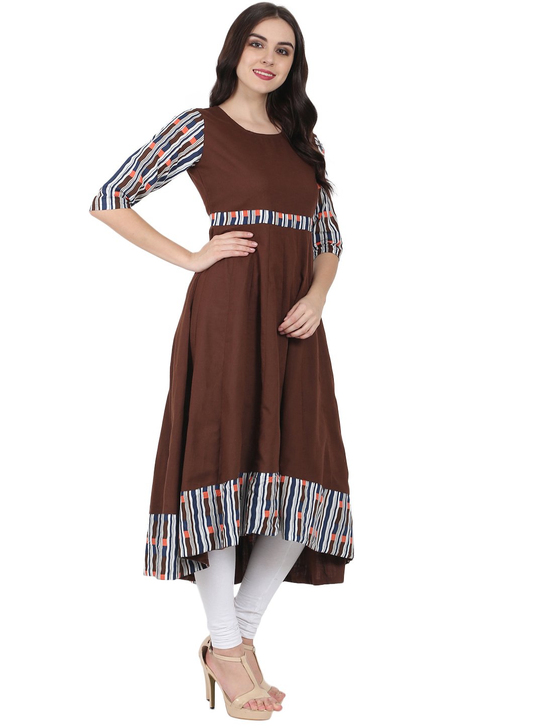 Coffee Brown 3/4Th Sleeve Cotton Slub Anarkali Kurta | LASVINI - Redefining Indian Fashion with Elegance