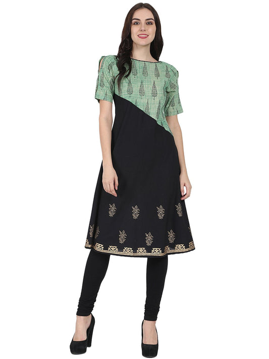 Black & Green Half Sleeve Cotton Block Printed Kurta | LASVINI - Redefining Indian Fashion with Elegance