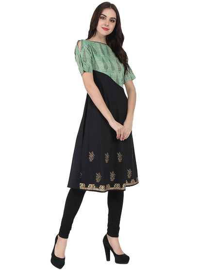 Black & Green Half Sleeve Cotton Block Printed Kurta | LASVINI - Redefining Indian Fashion with Elegance