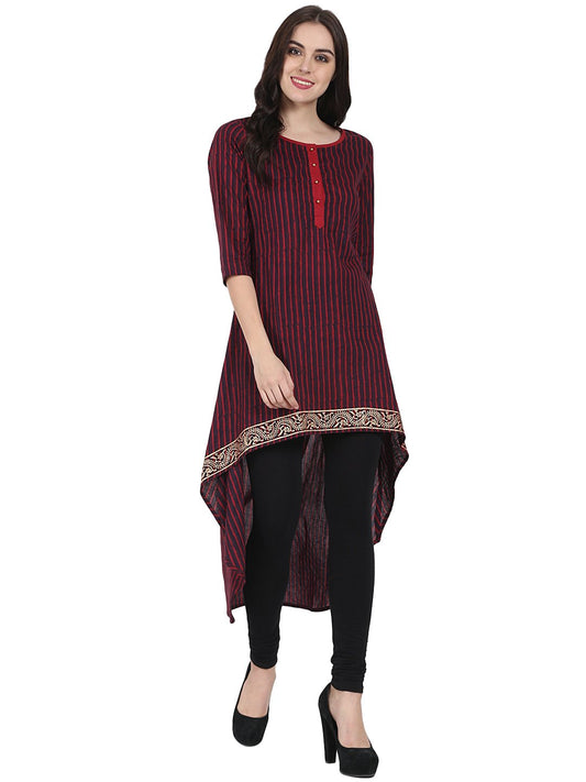Maroon & Blue 3/4Th Sleeve Block Printed Low High Kurta | LASVINI - Redefining Indian Fashion with Elegance