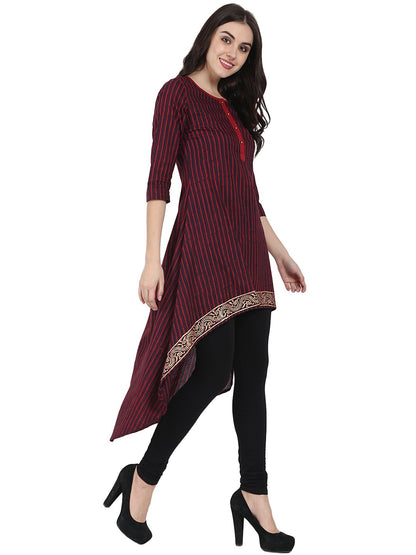 Maroon & Blue 3/4Th Sleeve Block Printed Low High Kurta | LASVINI - Redefining Indian Fashion with Elegance