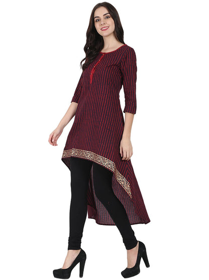Maroon & Blue 3/4Th Sleeve Block Printed Low High Kurta | LASVINI - Redefining Indian Fashion with Elegance