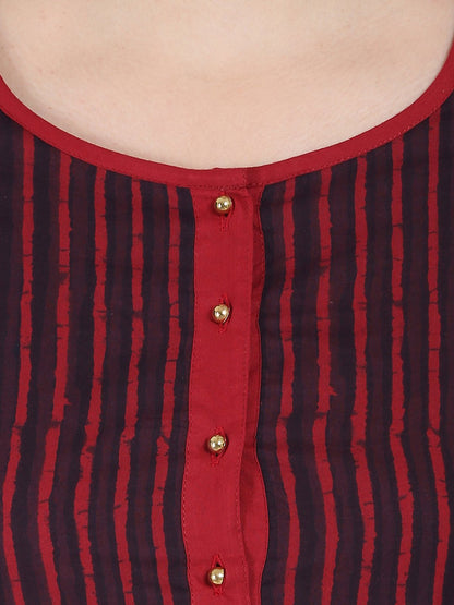 Maroon & Blue 3/4Th Sleeve Block Printed Low High Kurta | LASVINI - Redefining Indian Fashion with Elegance