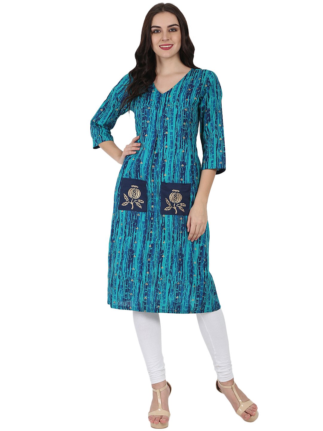 Blue Printed 3/4Th Sleeve Cotton Kurta With Double Pocket | LASVINI - Redefining Indian Fashion with Elegance
