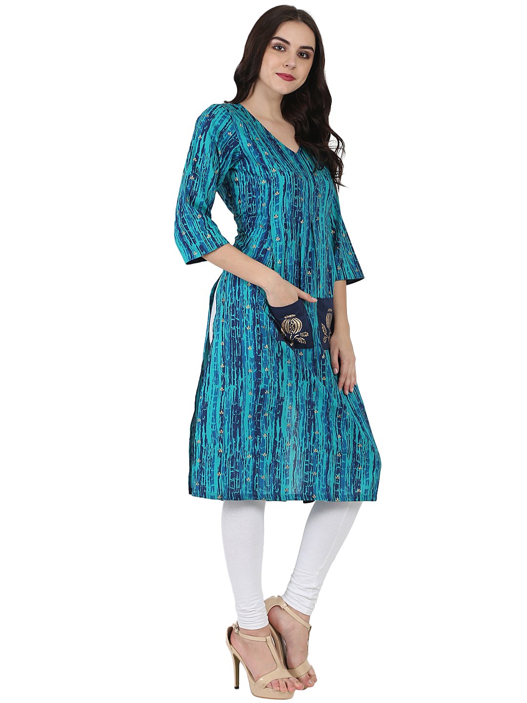Blue Printed 3/4Th Sleeve Cotton Kurta With Double Pocket | LASVINI - Redefining Indian Fashion with Elegance