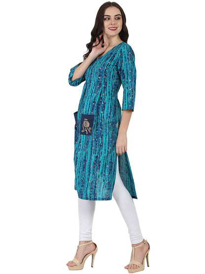 Blue Printed 3/4Th Sleeve Cotton Kurta With Double Pocket | LASVINI - Redefining Indian Fashion with Elegance