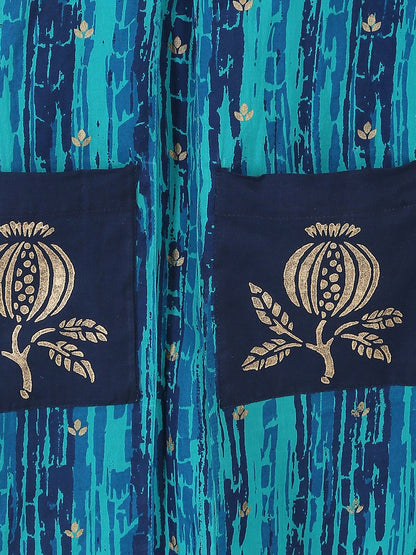 Blue Printed 3/4Th Sleeve Cotton Kurta With Double Pocket | LASVINI - Redefining Indian Fashion with Elegance