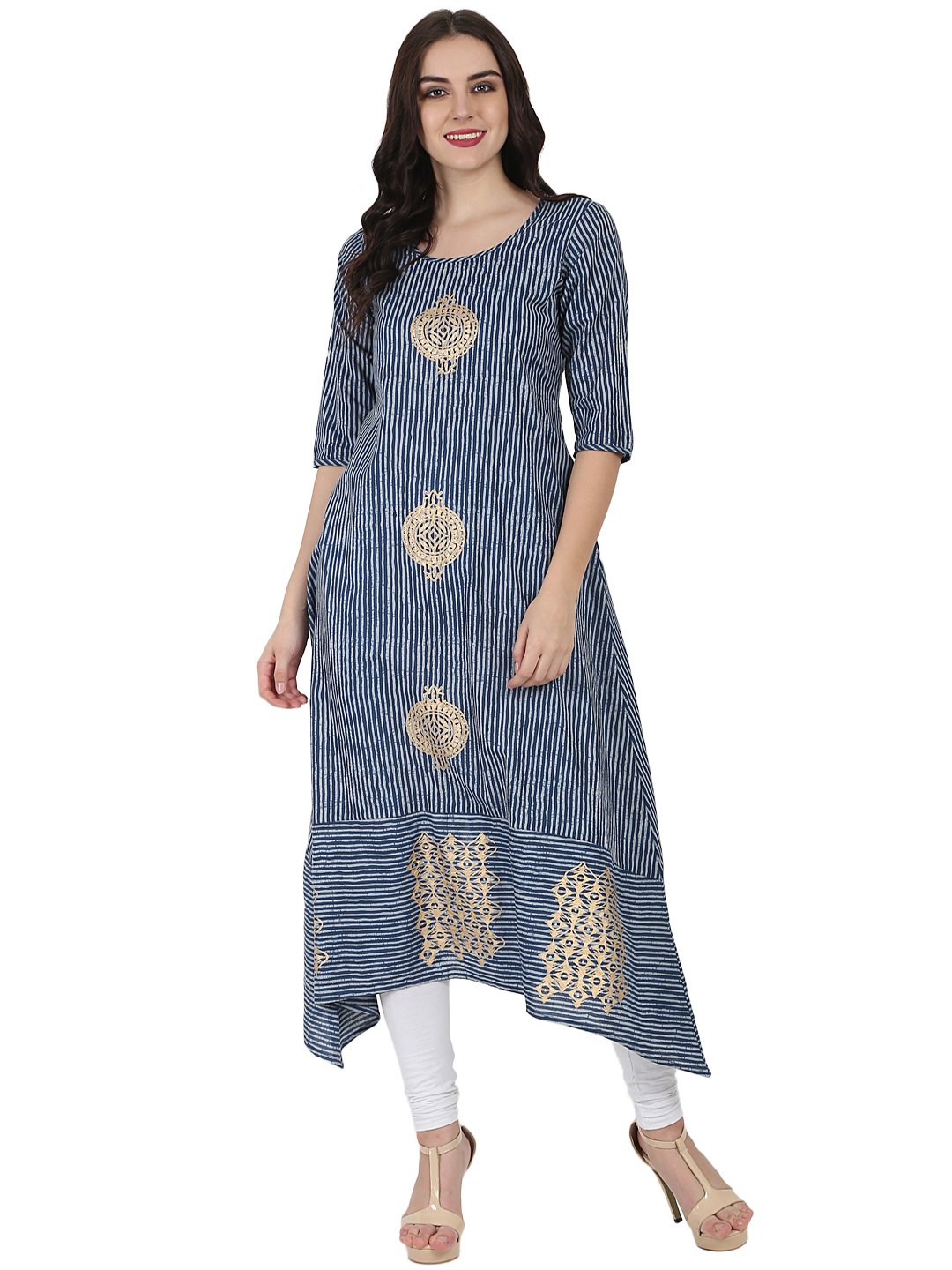 Blue 3/4Th Sleeve Block Printed A-Line Kurta | LASVINI - Redefining Indian Fashion with Elegance