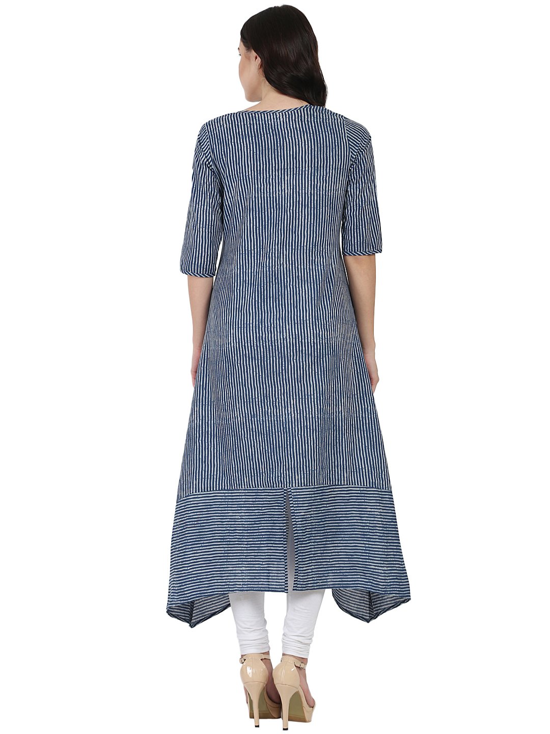 Blue 3/4Th Sleeve Block Printed A-Line Kurta | LASVINI - Redefining Indian Fashion with Elegance
