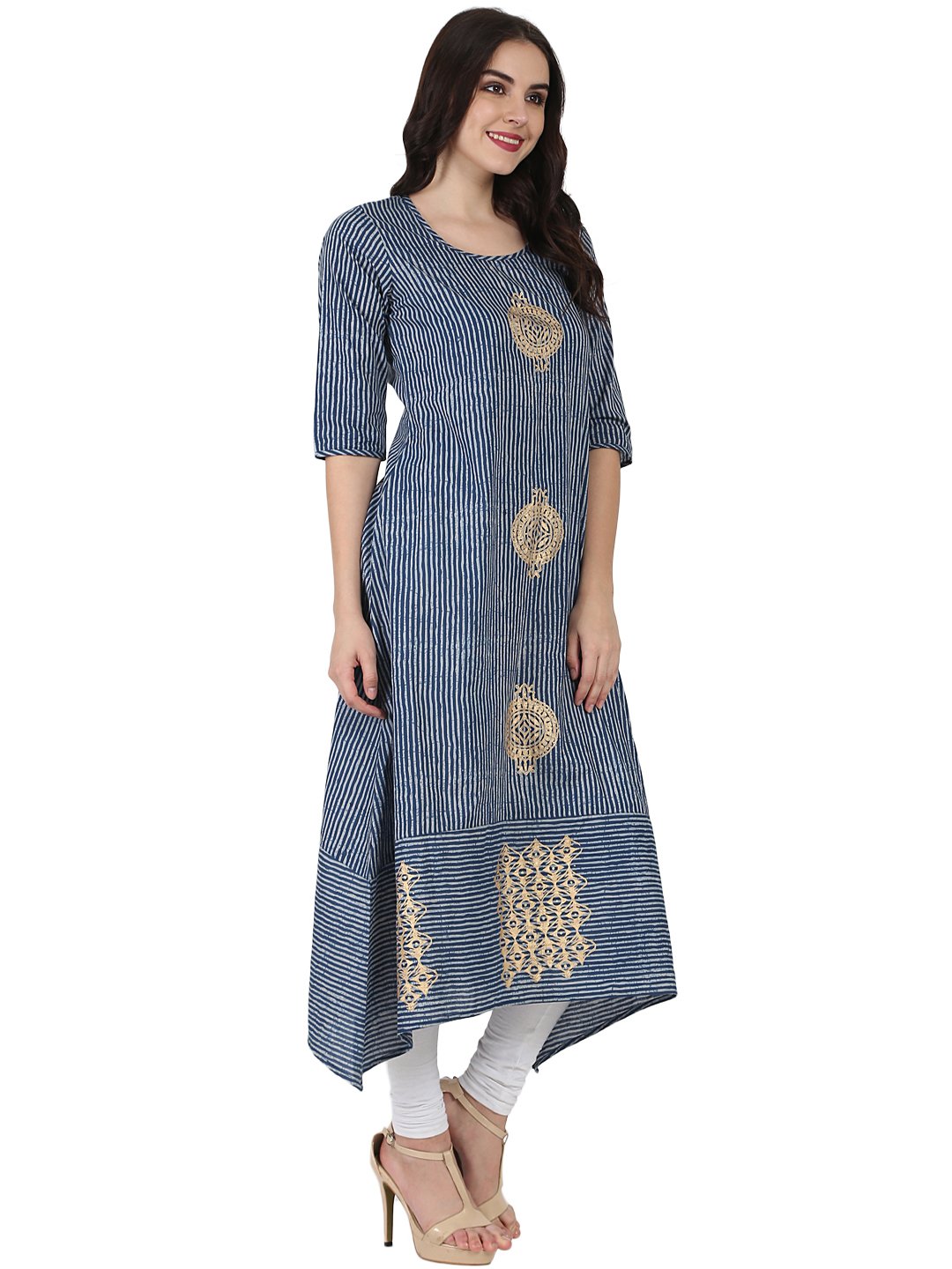 Blue 3/4Th Sleeve Block Printed A-Line Kurta | LASVINI - Redefining Indian Fashion with Elegance