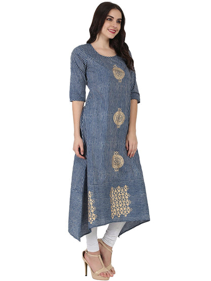 Blue 3/4Th Sleeve Block Printed A-Line Kurta | LASVINI - Redefining Indian Fashion with Elegance