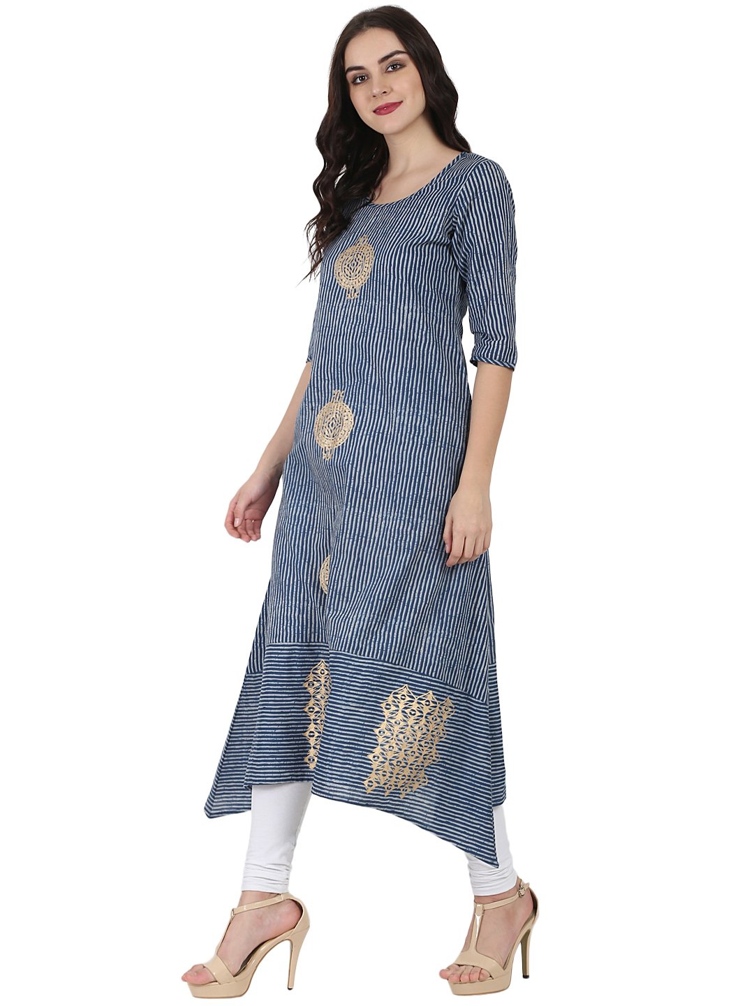 Blue 3/4Th Sleeve Block Printed A-Line Kurta | LASVINI - Redefining Indian Fashion with Elegance