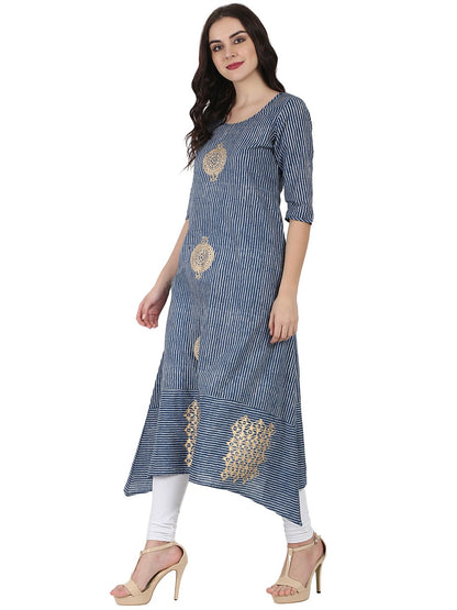 Blue 3/4Th Sleeve Block Printed A-Line Kurta | LASVINI - Redefining Indian Fashion with Elegance
