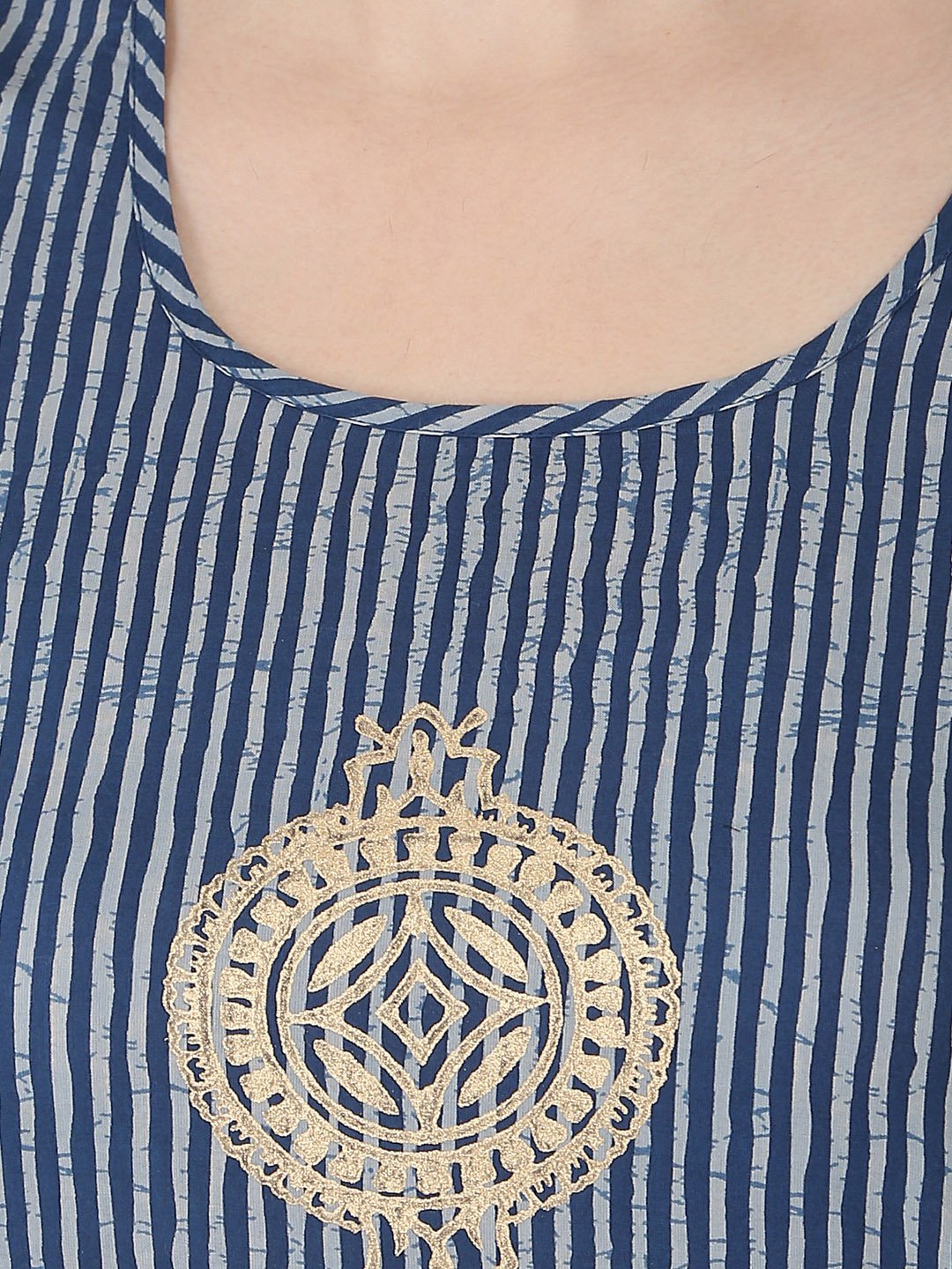 Blue 3/4Th Sleeve Block Printed A-Line Kurta | LASVINI - Redefining Indian Fashion with Elegance