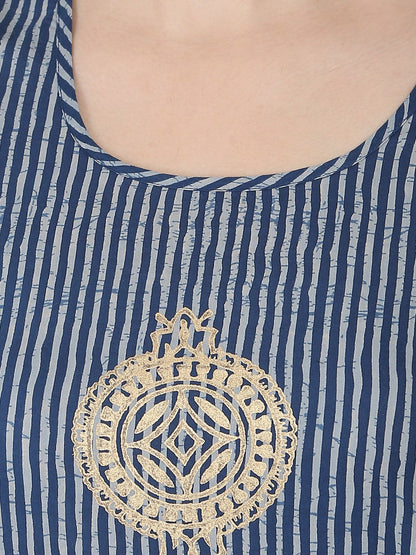 Blue 3/4Th Sleeve Block Printed A-Line Kurta | LASVINI - Redefining Indian Fashion with Elegance