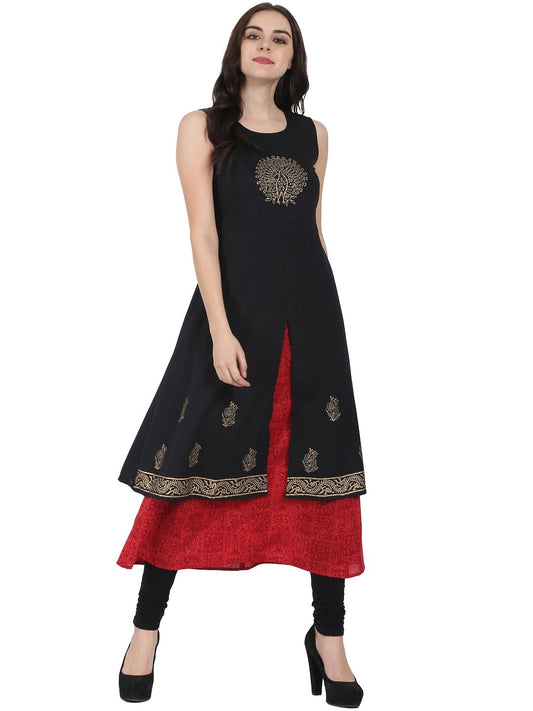 Black & Red Block Printed Sleeveless Cotton Double Layer Kurta | LASVINI - Redefining Indian Fashion with Elegance