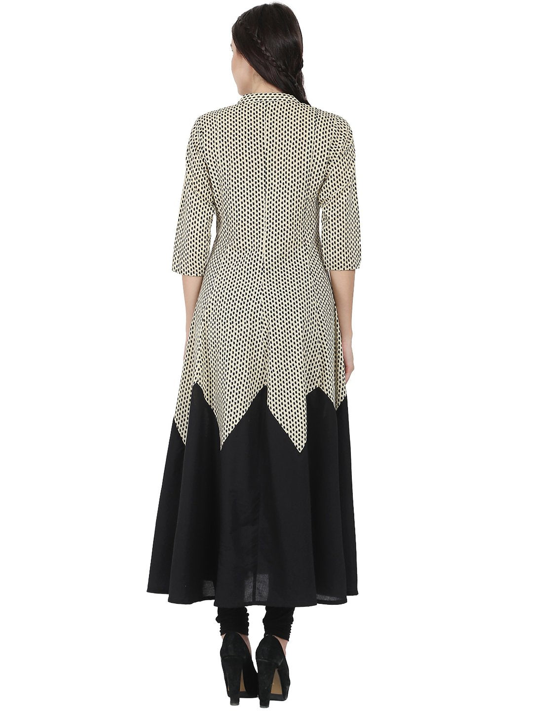 Off White & Black 3/4Th Sleeve Cotton A-Line Kurta | LASVINI - Redefining Indian Fashion with Elegance