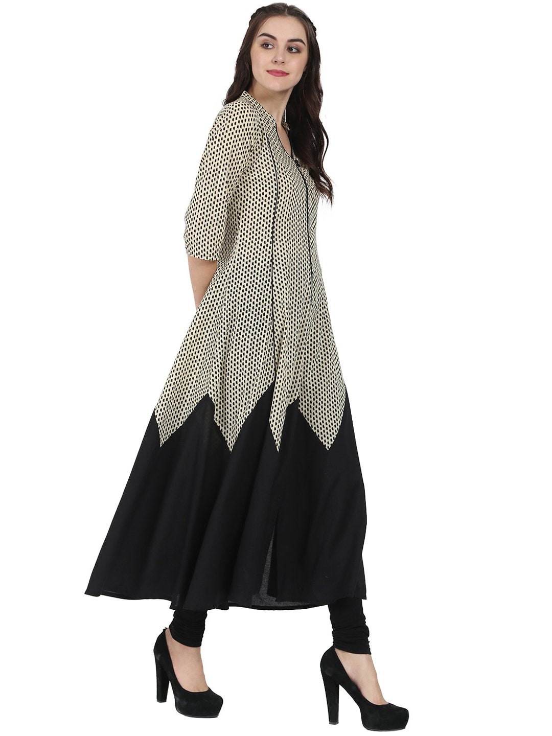 Off White & Black 3/4Th Sleeve Cotton A-Line Kurta | LASVINI - Redefining Indian Fashion with Elegance