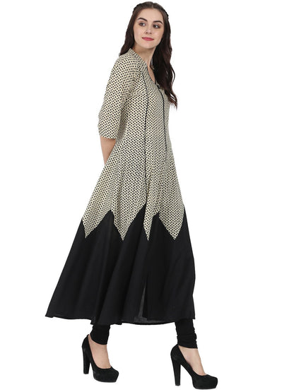 Off White & Black 3/4Th Sleeve Cotton A-Line Kurta | LASVINI - Redefining Indian Fashion with Elegance