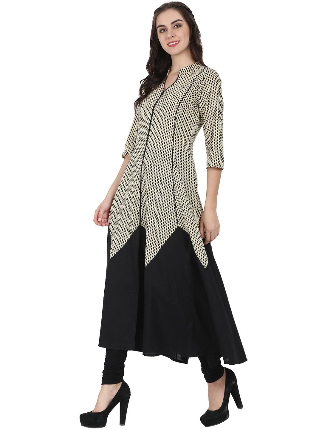 Off White & Black 3/4Th Sleeve Cotton A-Line Kurta | LASVINI - Redefining Indian Fashion with Elegance