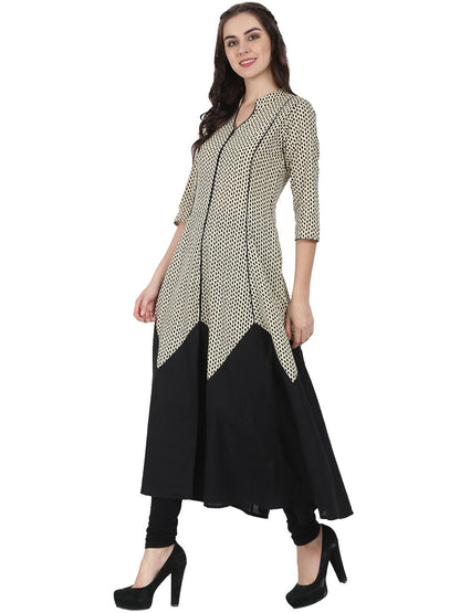 Off White & Black 3/4Th Sleeve Cotton A-Line Kurta | LASVINI - Redefining Indian Fashion with Elegance