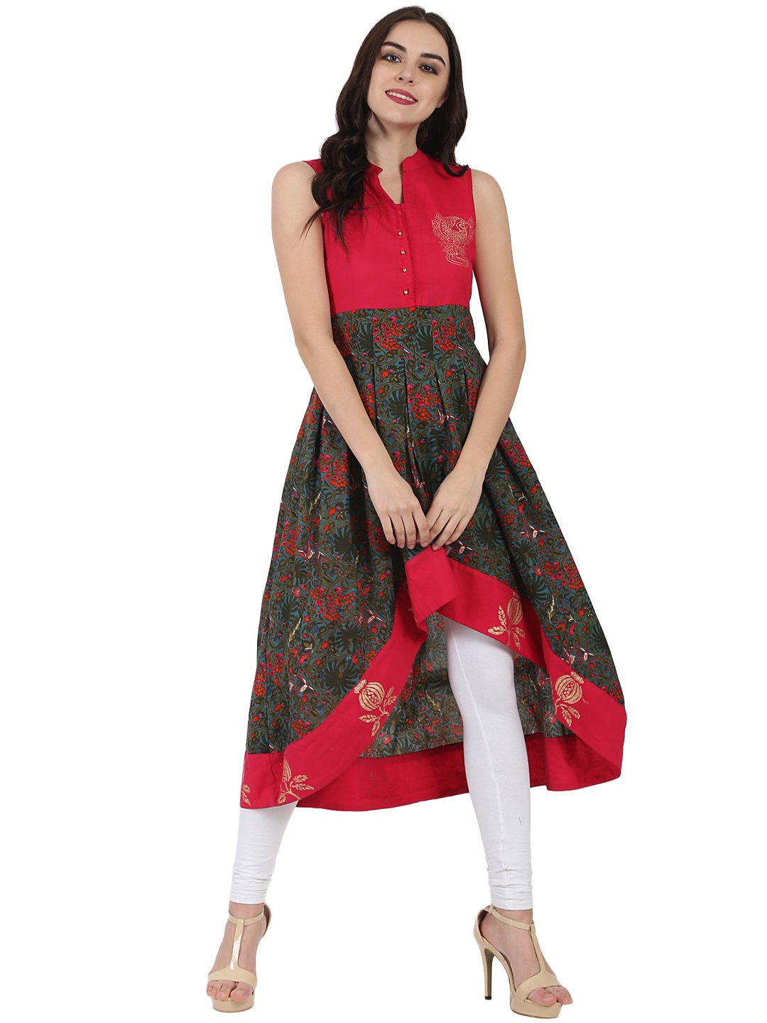 Red & Green Printed Sleeveless Anarkali Kurta | LASVINI - Redefining Indian Fashion with Elegance