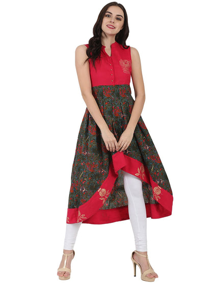 Red & Green Printed Sleeveless Anarkali Kurta | LASVINI - Redefining Indian Fashion with Elegance