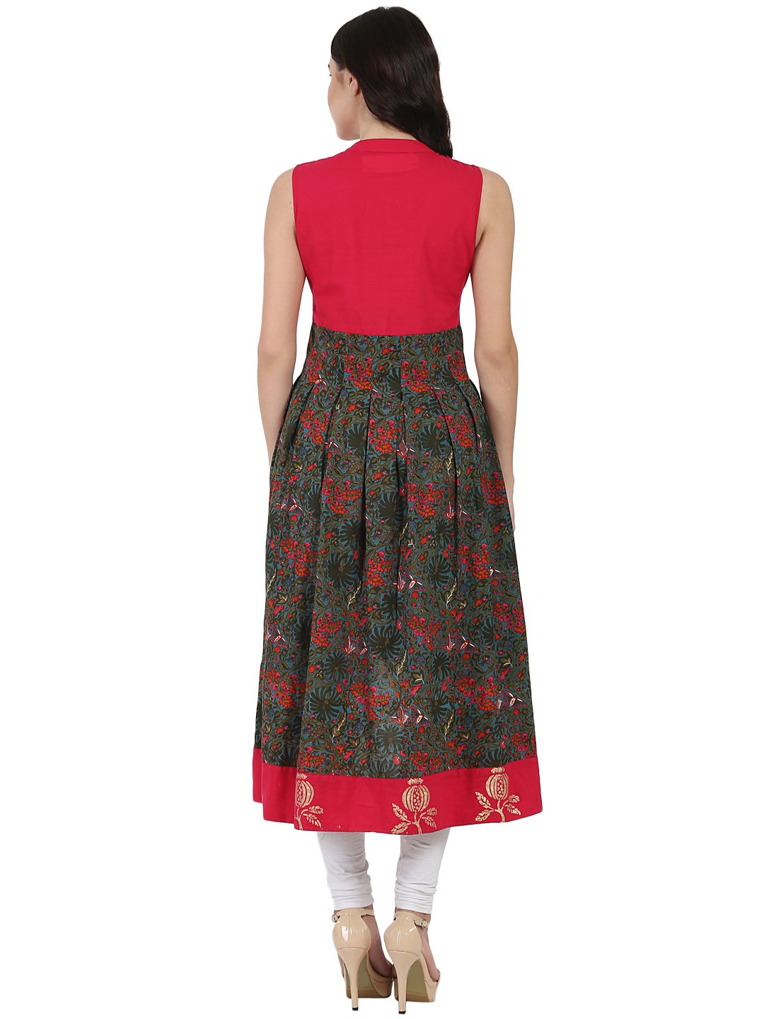 Red & Green Printed Sleeveless Anarkali Kurta | LASVINI - Redefining Indian Fashion with Elegance