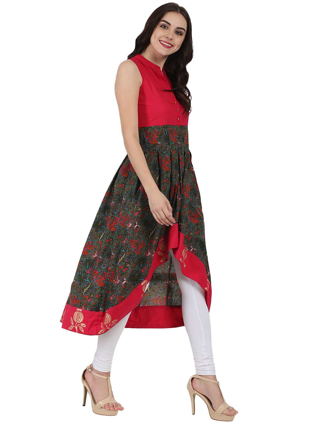 Red & Green Printed Sleeveless Anarkali Kurta | LASVINI - Redefining Indian Fashion with Elegance