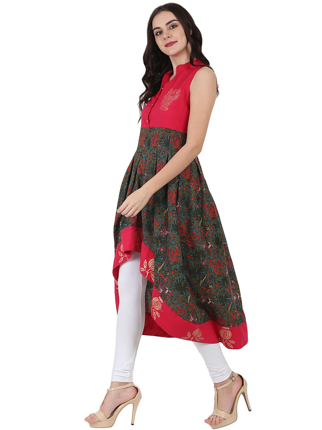 Red & Green Printed Sleeveless Anarkali Kurta | LASVINI - Redefining Indian Fashion with Elegance
