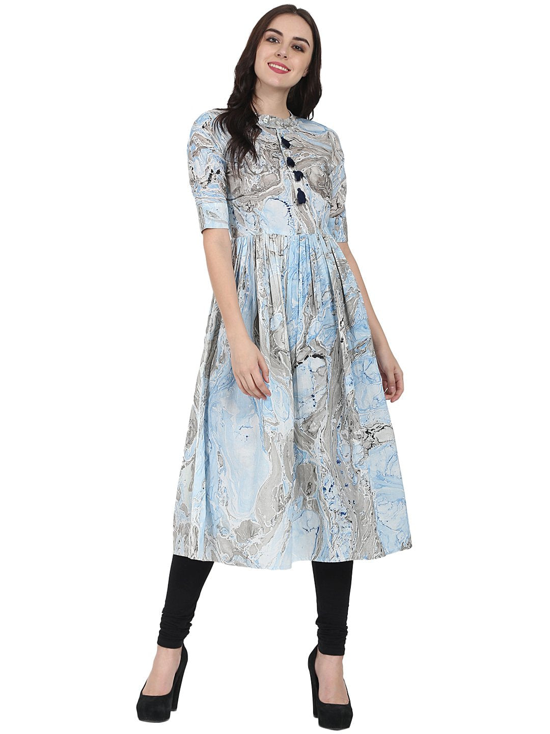Blue Marbal Printed Half Sleeve Cotton Anarkali Kurta | LASVINI - Redefining Indian Fashion with Elegance
