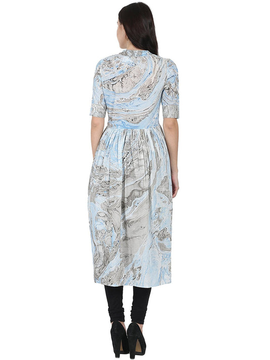Blue Marbal Printed Half Sleeve Cotton Anarkali Kurta | LASVINI - Redefining Indian Fashion with Elegance