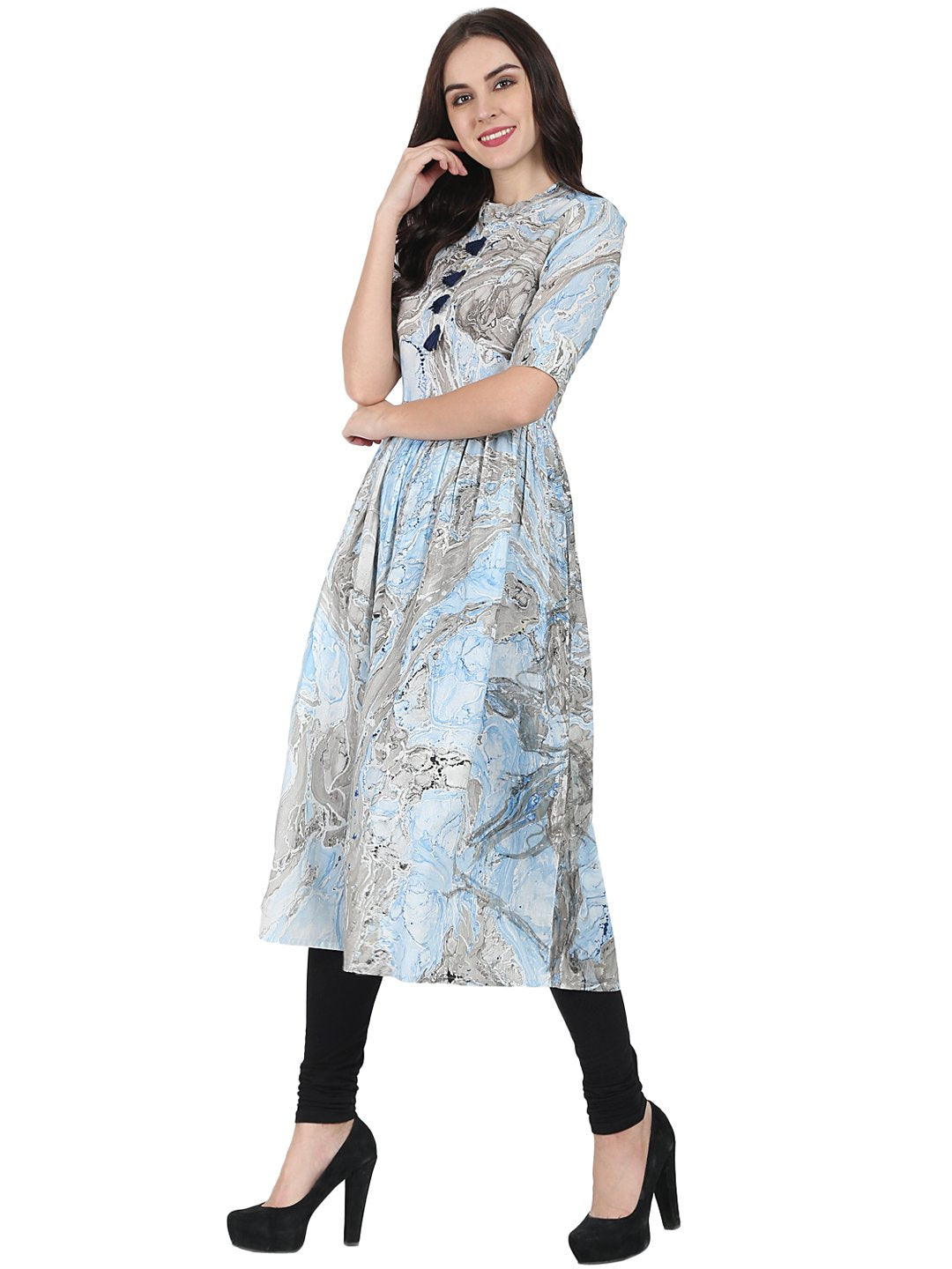 Blue Marbal Printed Half Sleeve Cotton Anarkali Kurta | LASVINI - Redefining Indian Fashion with Elegance