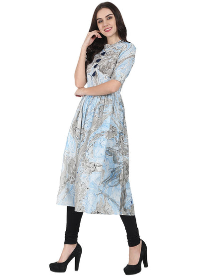 Blue Marbal Printed Half Sleeve Cotton Anarkali Kurta | LASVINI - Redefining Indian Fashion with Elegance