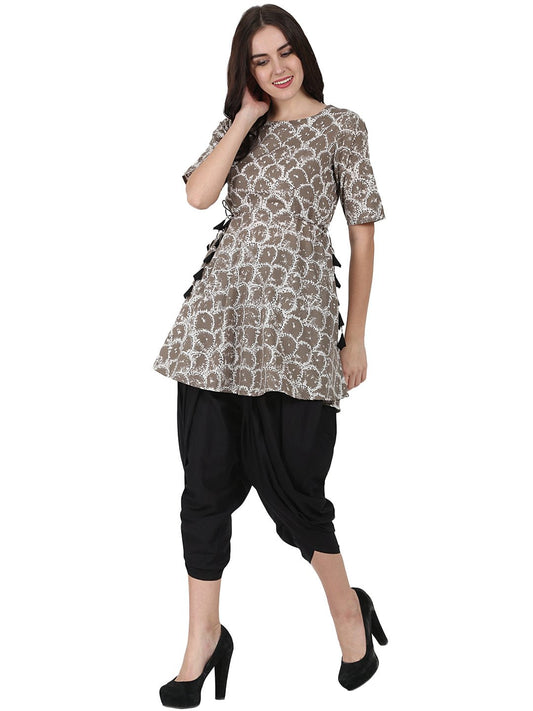 Grey Printed Half Sleeve Anarkali Kurta With Black Ankle Length Dhoti | LASVINI - Redefining Indian Fashion with Elegance