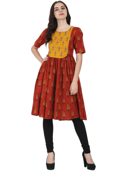 Red Printed Half Sleeve Cotton Slub Anarkali Kurta | LASVINI - Redefining Indian Fashion with Elegance